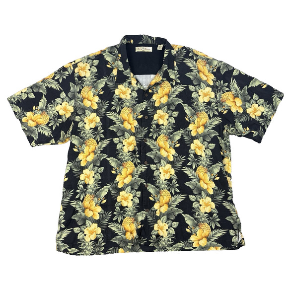 Tommy Bahama Mens XXL Floral 100% Silk Short Sleeve Hawaiian Shirt Black Yellow - Picture 1 of 7